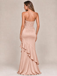 Strapless Lace Appliques Corset Satin Prom Dress Ruffle Slit Evening Gown