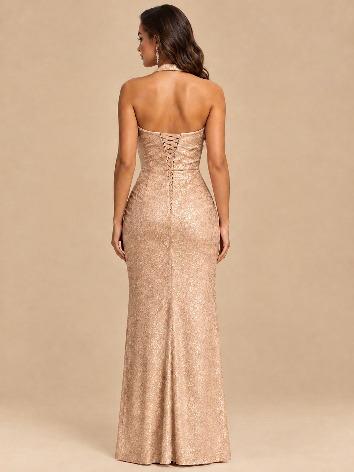 Halter V-Neck Sequin Mermaid Prom Dress with High Slit