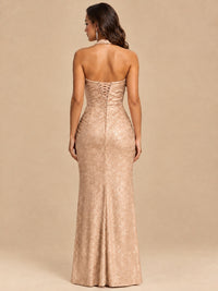 Halter V-Neck Sequin Mermaid Prom Dress with High Slit