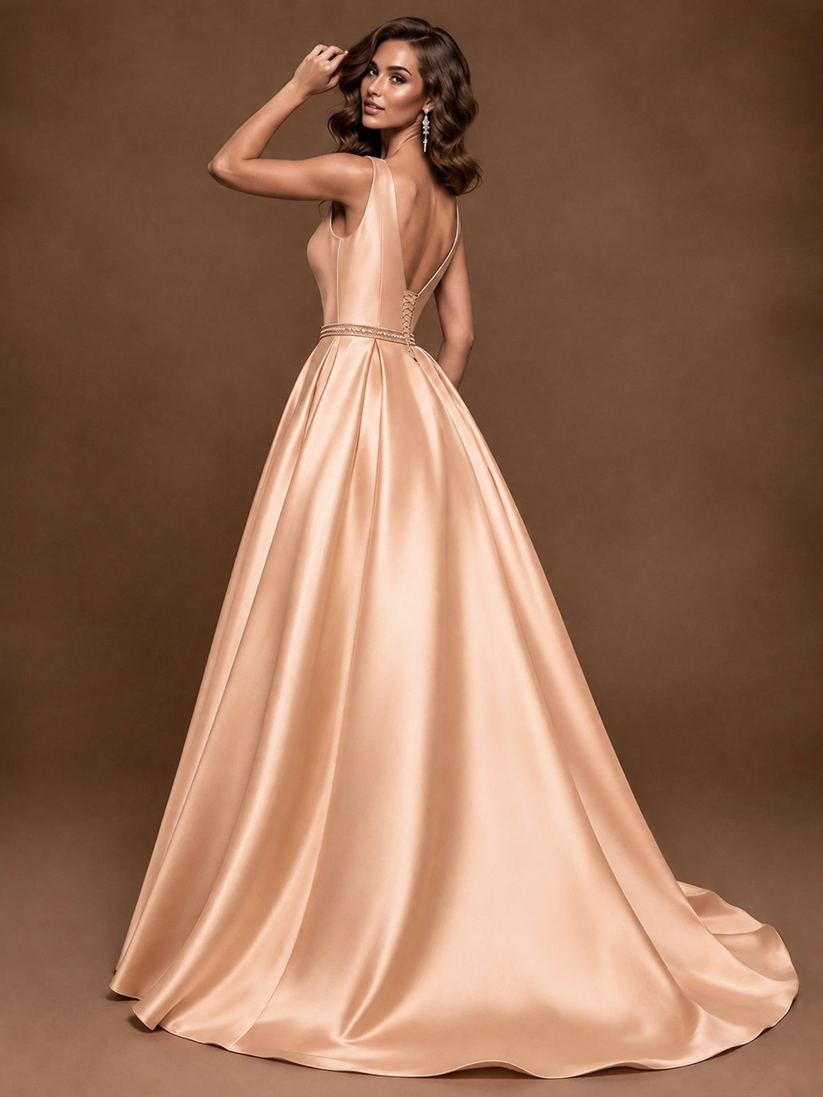 Satin A-Line Prom Dress Sleeveless Beaded Waist Formal Gown with Pockets