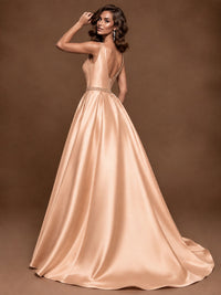 Satin A-Line Prom Dress Sleeveless Beaded Waist Formal Gown with Pockets