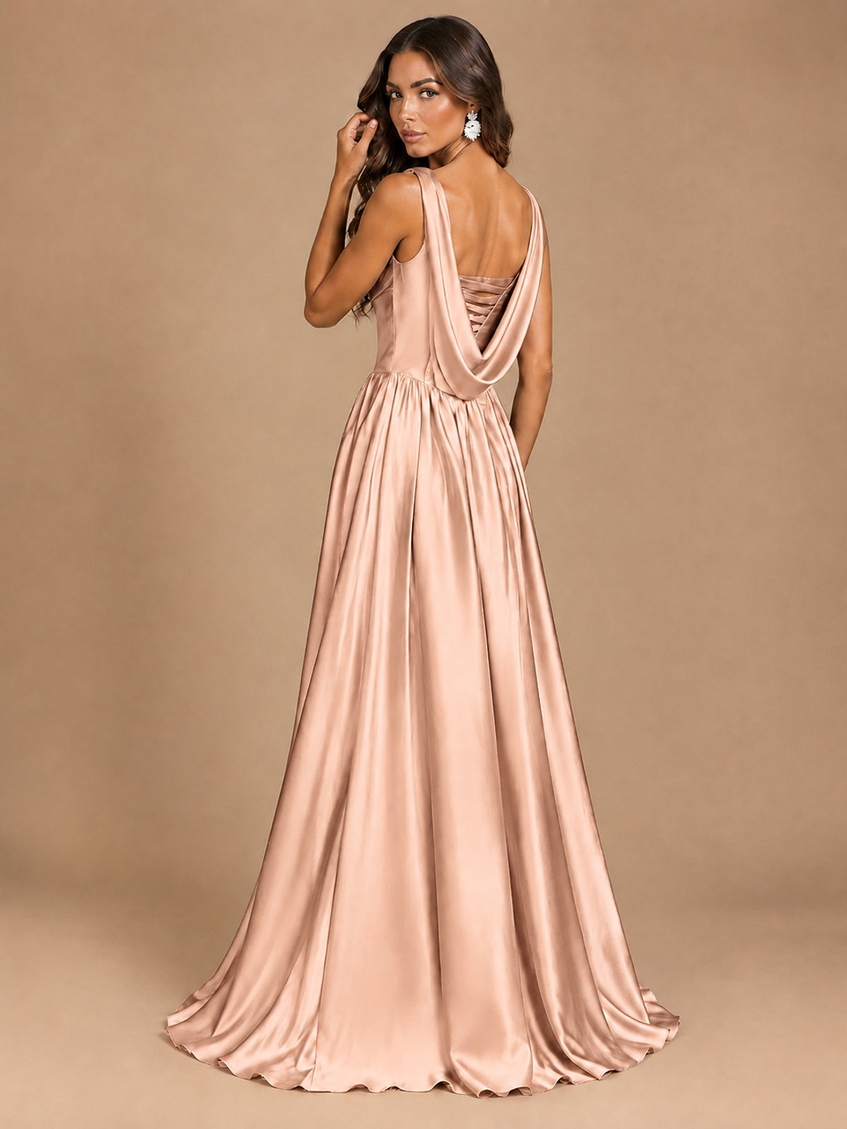 Cowl Neck Pleated Satin Prom Dress with Pockets & Slit Maxi Formal Gowns