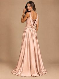 Cowl Neck Pleated Satin Prom Dress with Pockets & Slit Maxi Formal Gowns