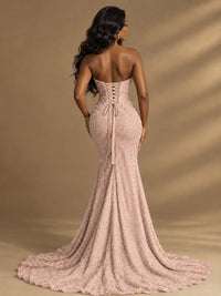 Beaded Sequin Prom Dress Strapless Formal Gowns with High Slit Train