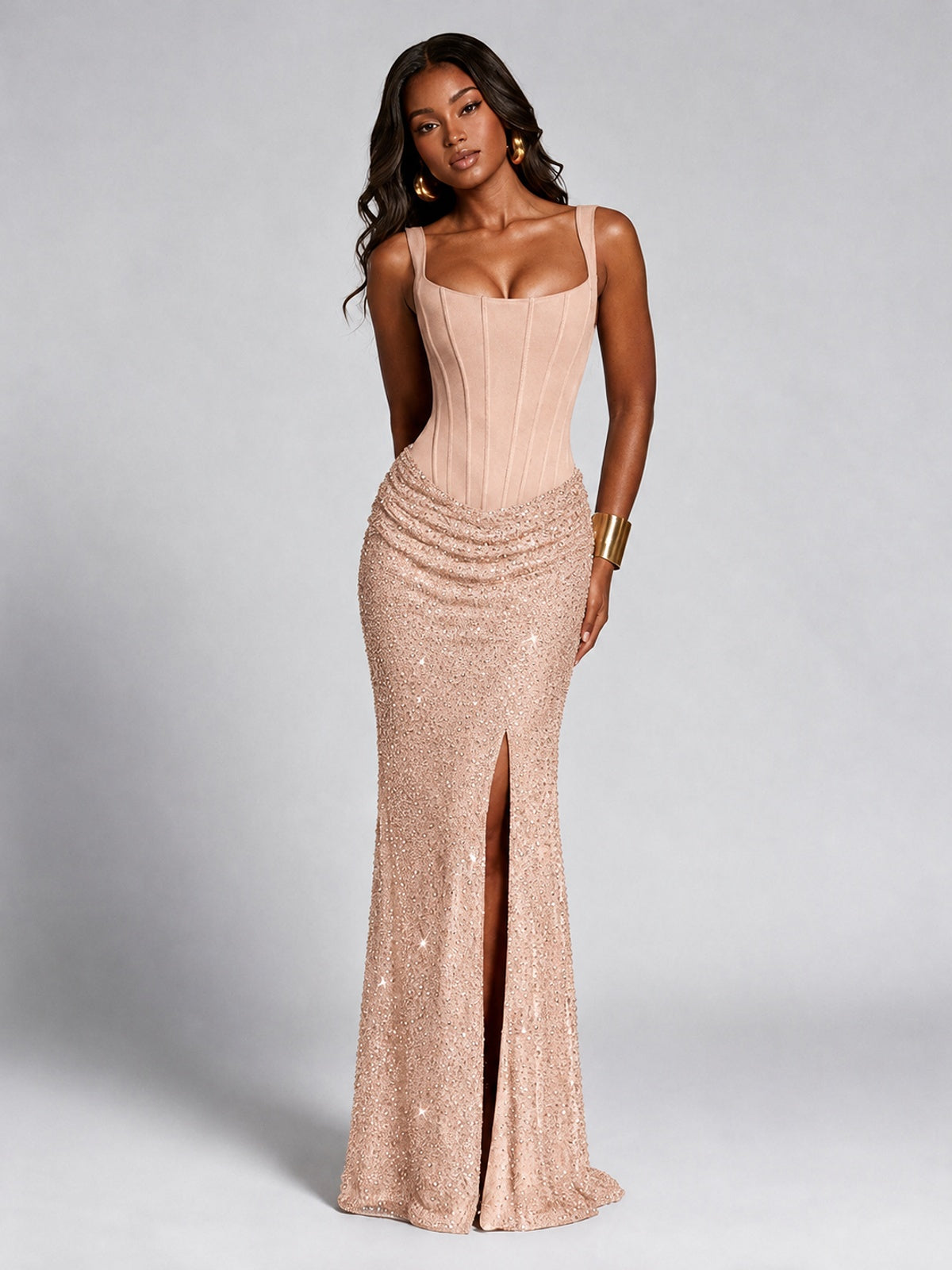 Sequin Corset Mermaid Prom Dress with Square Neck Wide Strap High Slit