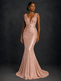 Gold Sequin Floral Applique Mermaid Prom Dress