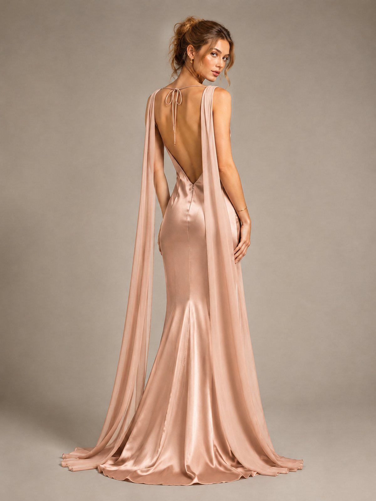 Burgundy Satin Mermaid Cape Maxi Dress