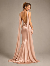 Burgundy Satin Mermaid Cape Maxi Dress
