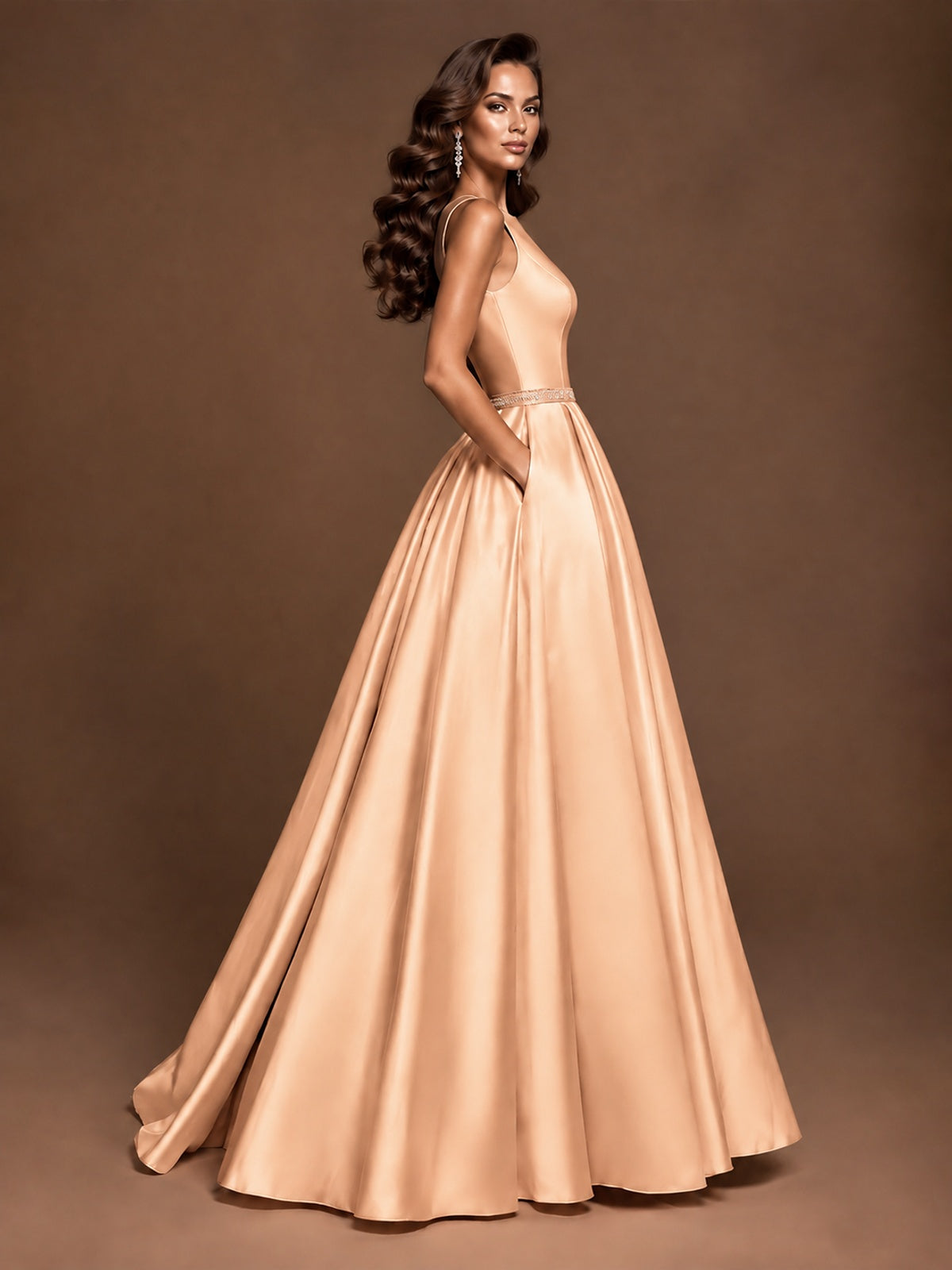 Satin A-Line Prom Dress Sleeveless Beaded Waist Formal Gown with Pockets