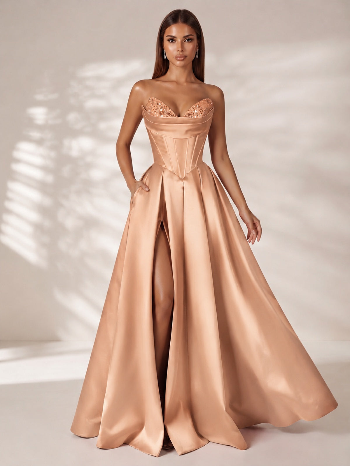 Strapless Corset Satin Prom Dress Long Evening Gown with High Slit