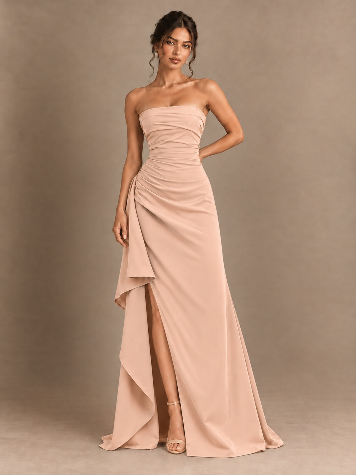 Black and White Strapless Ruched Prom Dress with High Slit & Side Drape