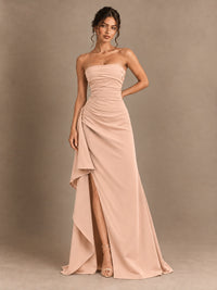 Black and White Strapless Ruched Prom Dress with High Slit & Side Drape