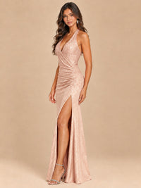 Halter V-Neck Sequin Mermaid Prom Dress with High Slit
