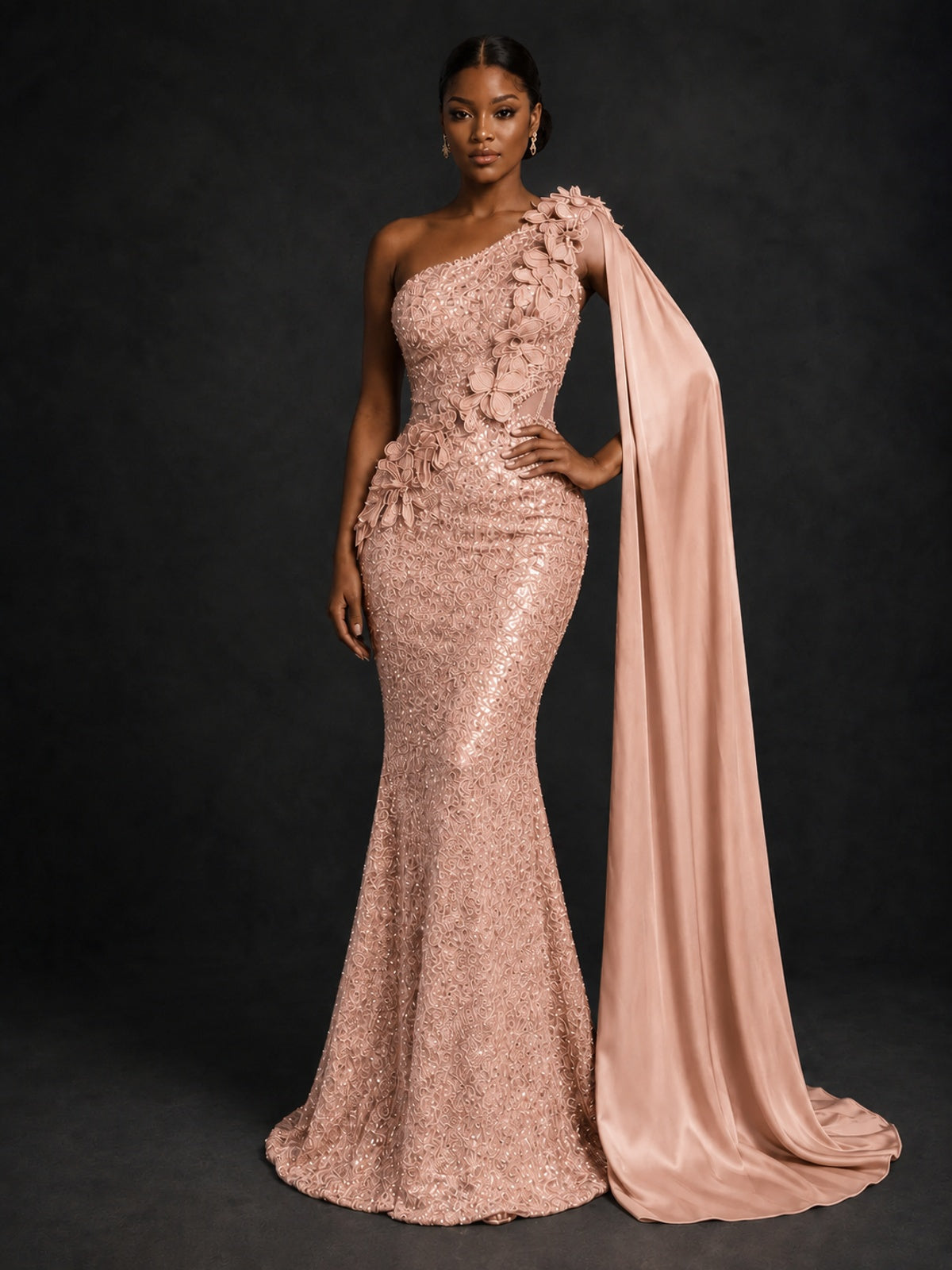 Gold Sequin One Shoulder Mermaid Prom Dress with Cape
