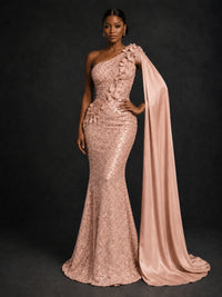 Gold Sequin One Shoulder Mermaid Prom Dress with Cape