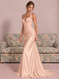Sparkling Halter Corset Satin Mermaid Prom Dress
