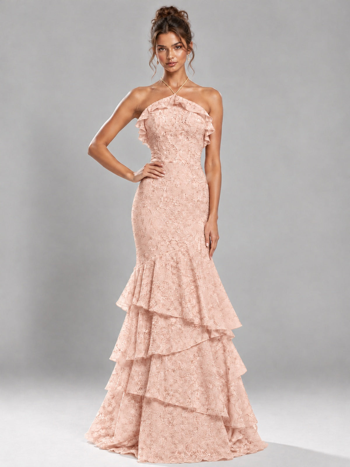 Halter Tiered Mermaid Prom Dress with Sparkly Lace