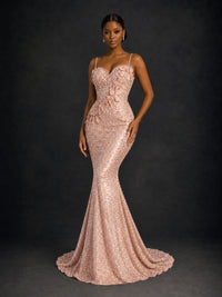 Sequin Mermaid Prom Dress with Floral Applique