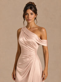 Satin One Shoulder Prom Dress Ruched Long Formal Evening Gown