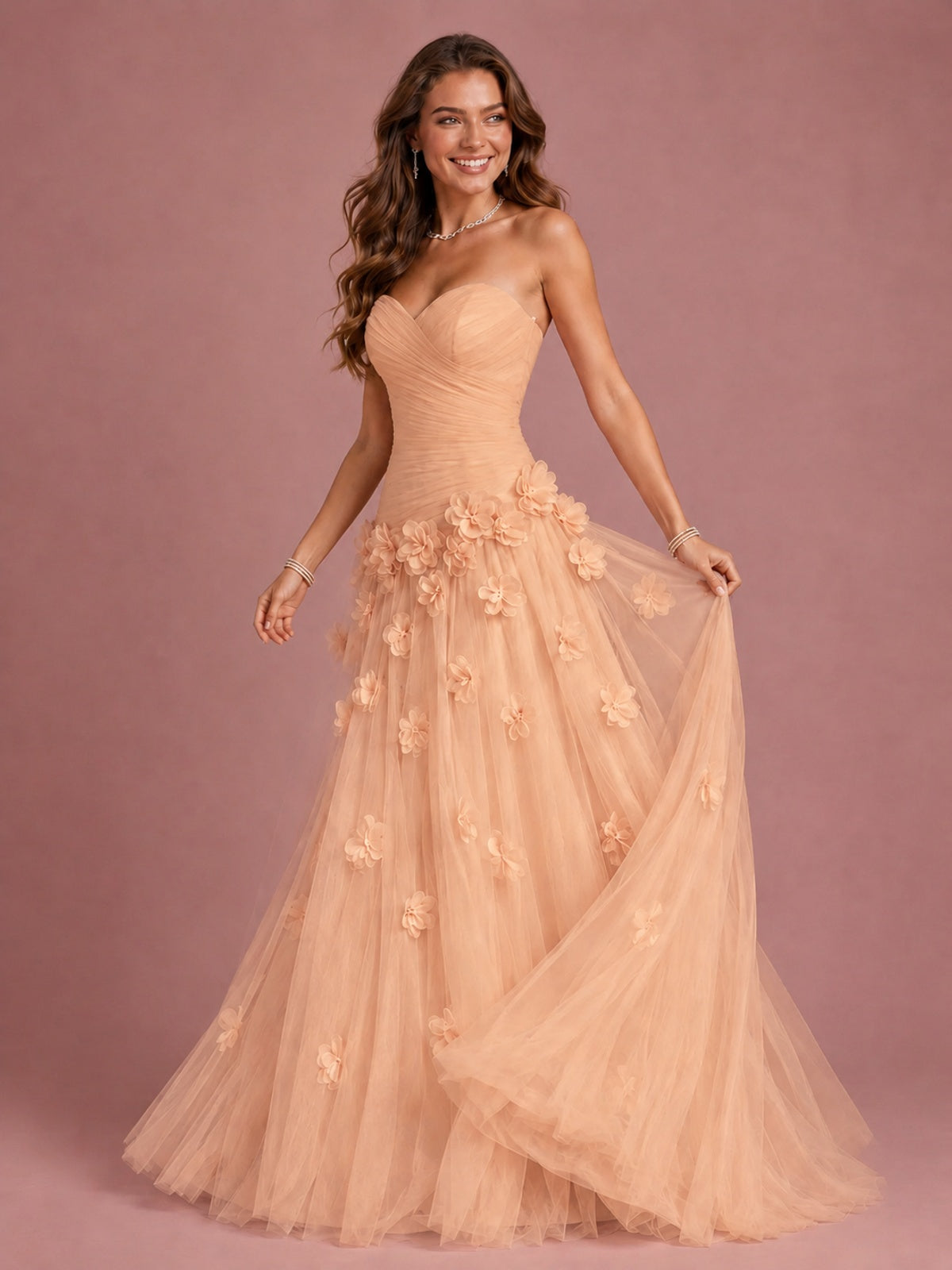 Blush Pink Strapless Sweetheart 3D Floral Tulle Ball Gown Prom Dres