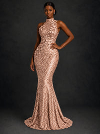 Sparkly Sequin High Neck Mermaid Prom Dress