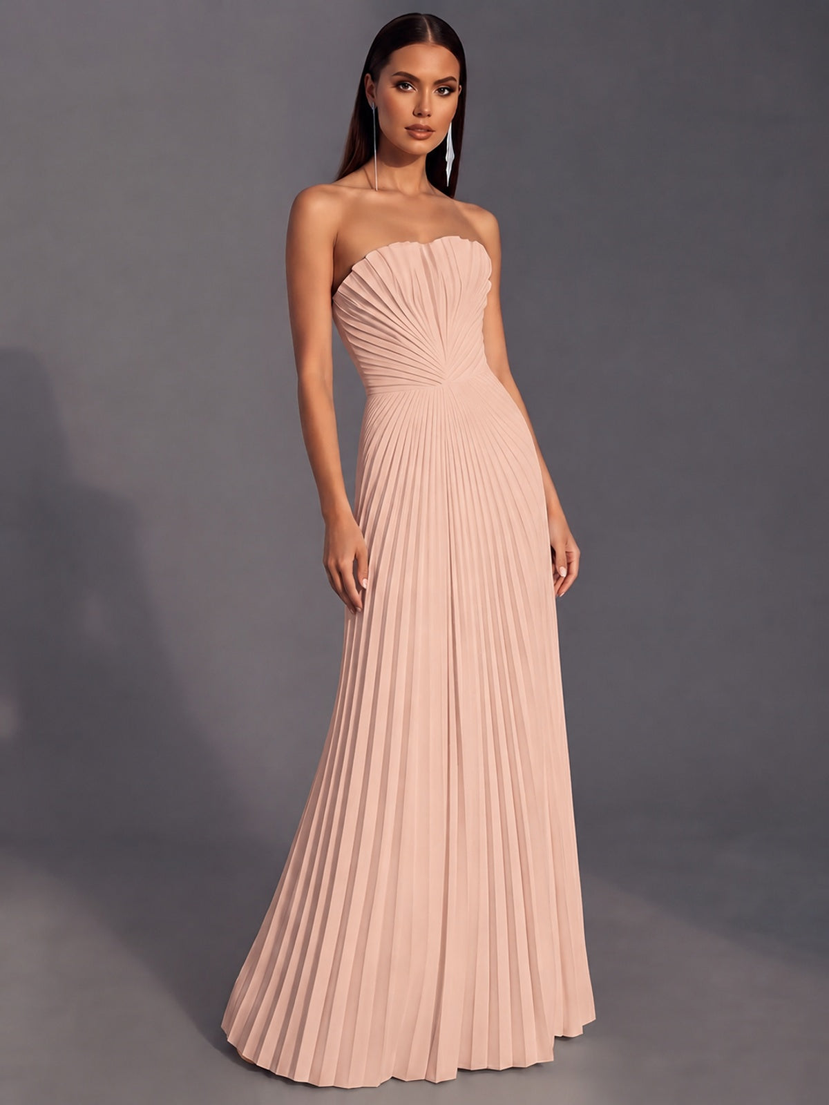 Strapless A-line Long Pleated Satin Prom Dress
