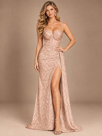 Burgundy Sequin Corset Prom Dress with High Slit
