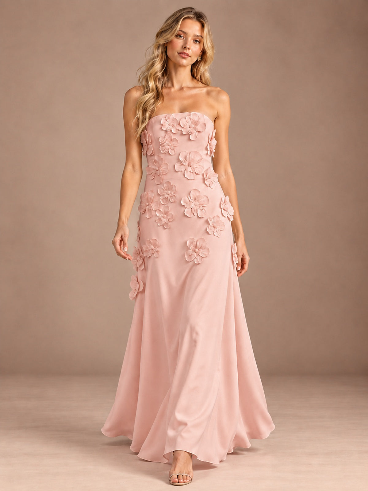 Yellow Strapless A-line Satin Maxi Dress with 3D Floral