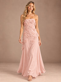 Yellow Strapless A-line Satin Maxi Dress with 3D Floral