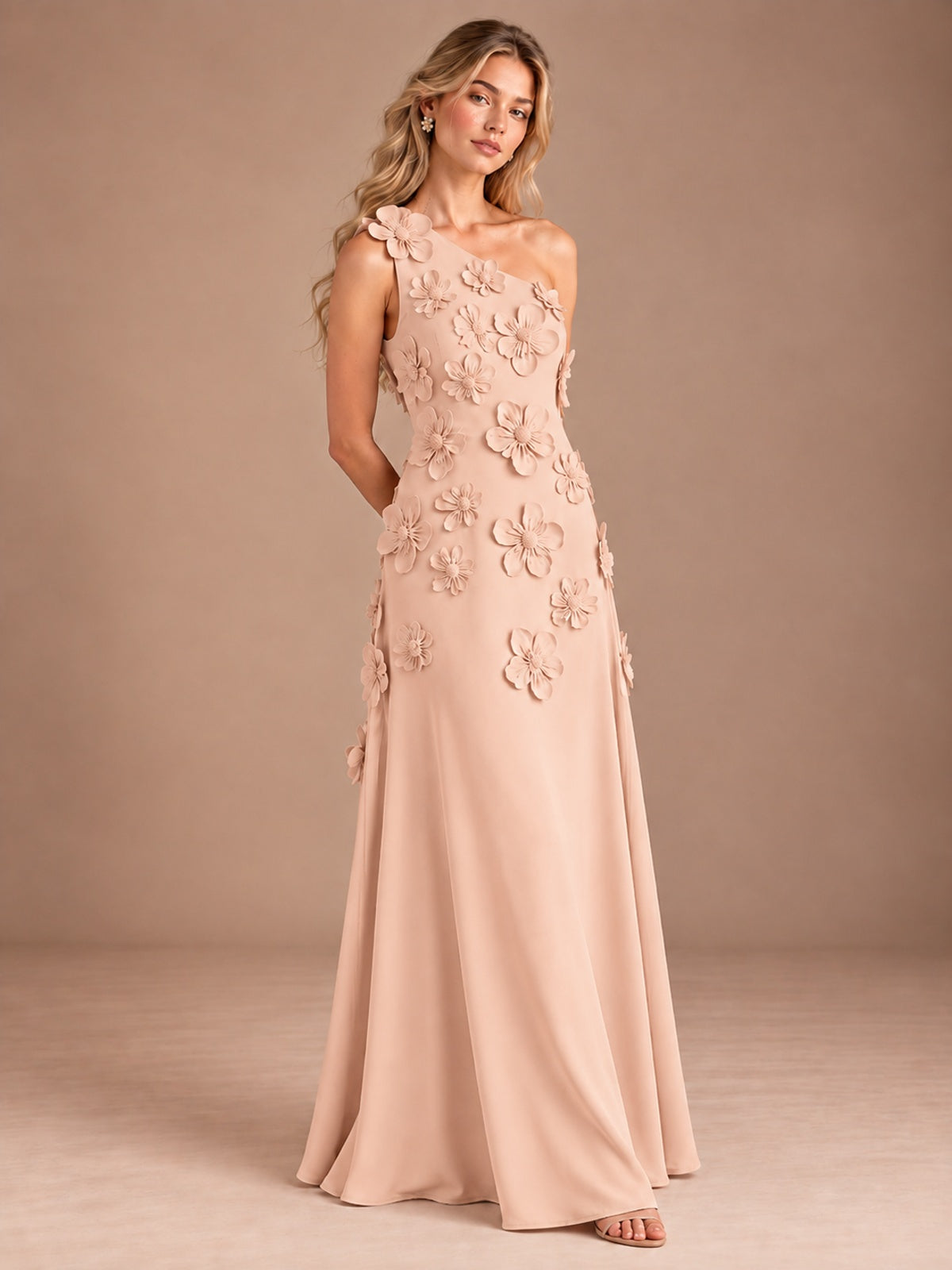 Sage Green One Shoulder Satin Formal Maxi Dress with 3D Floral