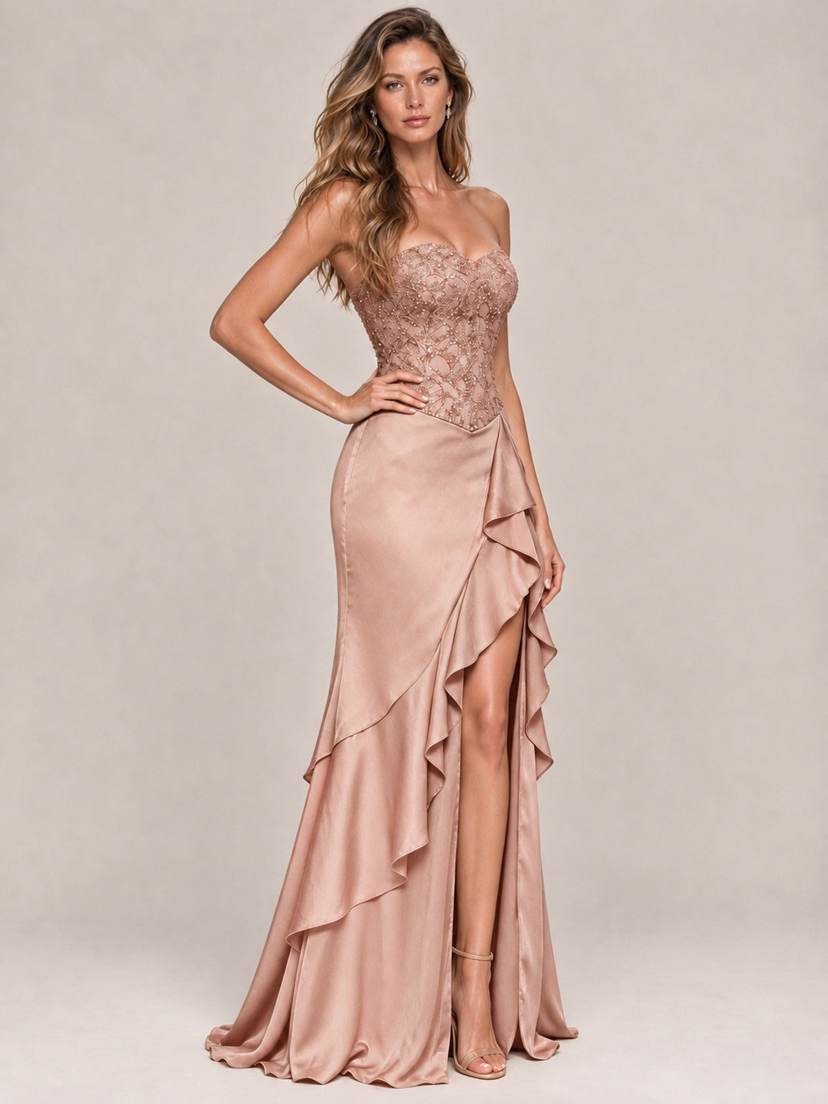 Strapless Lace Appliques Corset Satin Prom Dress Ruffle Slit Evening Gown