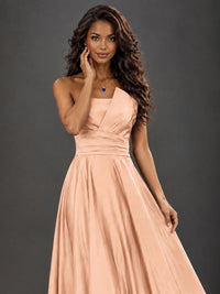 Draped Satin Prom Dress Strapless A-line Formal Dress Floor Length