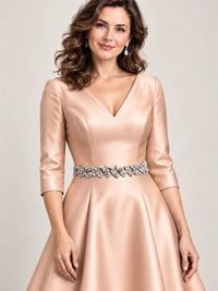 V-Neck Tea-Length Mother of the Bride Dress with Embellished Waist