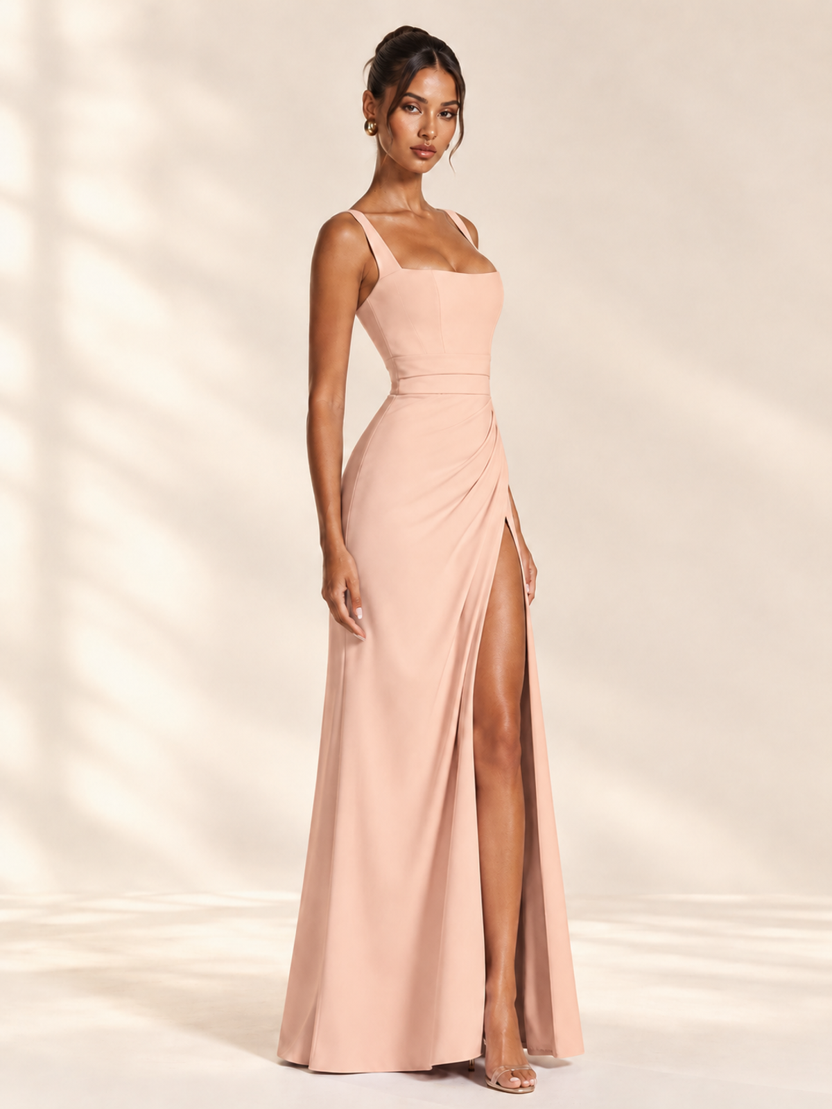 Square Neck Satin Sleeveless Ruched Prom Dress with High Slit