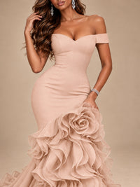 Dusty Blue Off-the-Shoulder Mermaid Prom Dress with 3D Rose & Ruffles