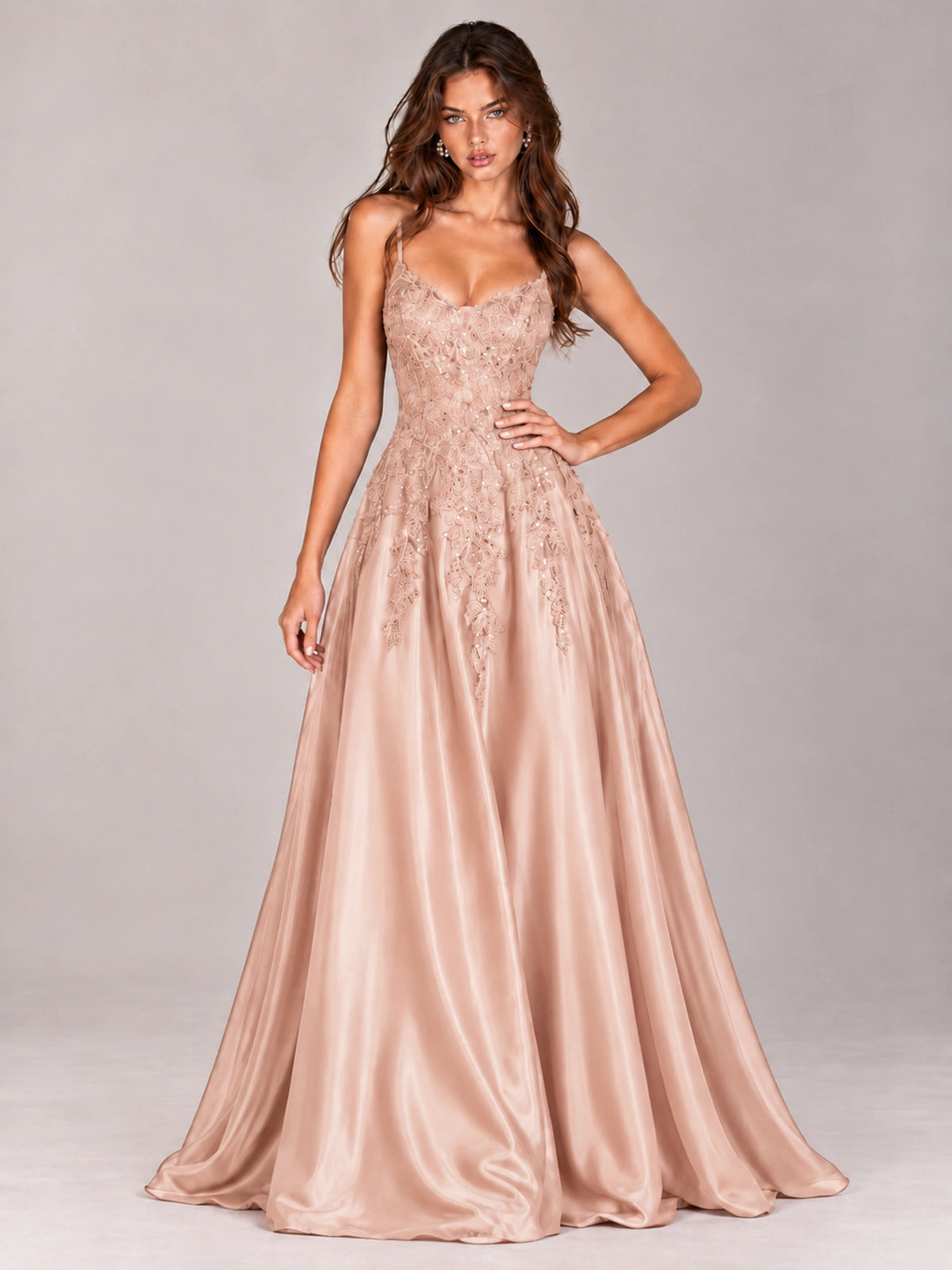 Lace Applique Satin A-Line Prom Dress with Sheer Bodice