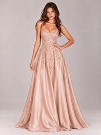 Lace Applique Satin A-Line Prom Dress with Sheer Bodice