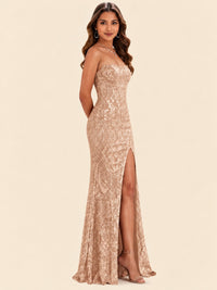 Sequin Lace Appliques Mermaid Prom Dress Spaghetti Strap Formal Gowns with Slit