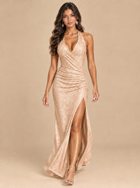 Halter V-Neck Sequin Mermaid Prom Dress with High Slit