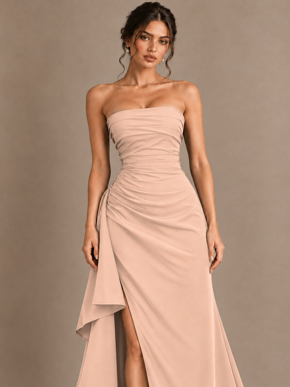Black and White Strapless Ruched Prom Dress with High Slit & Side Drape