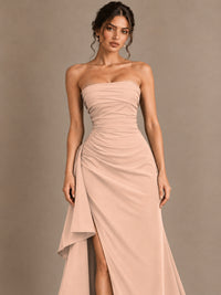 Black and White Strapless Ruched Prom Dress with High Slit & Side Drape