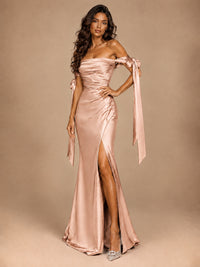 Off The Shuolder Satin Prom Dress Slit Mermaid Formal Gowns