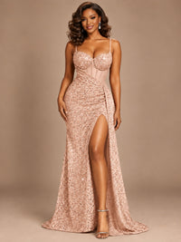 Burgundy Sequin Corset Prom Dress with High Slit