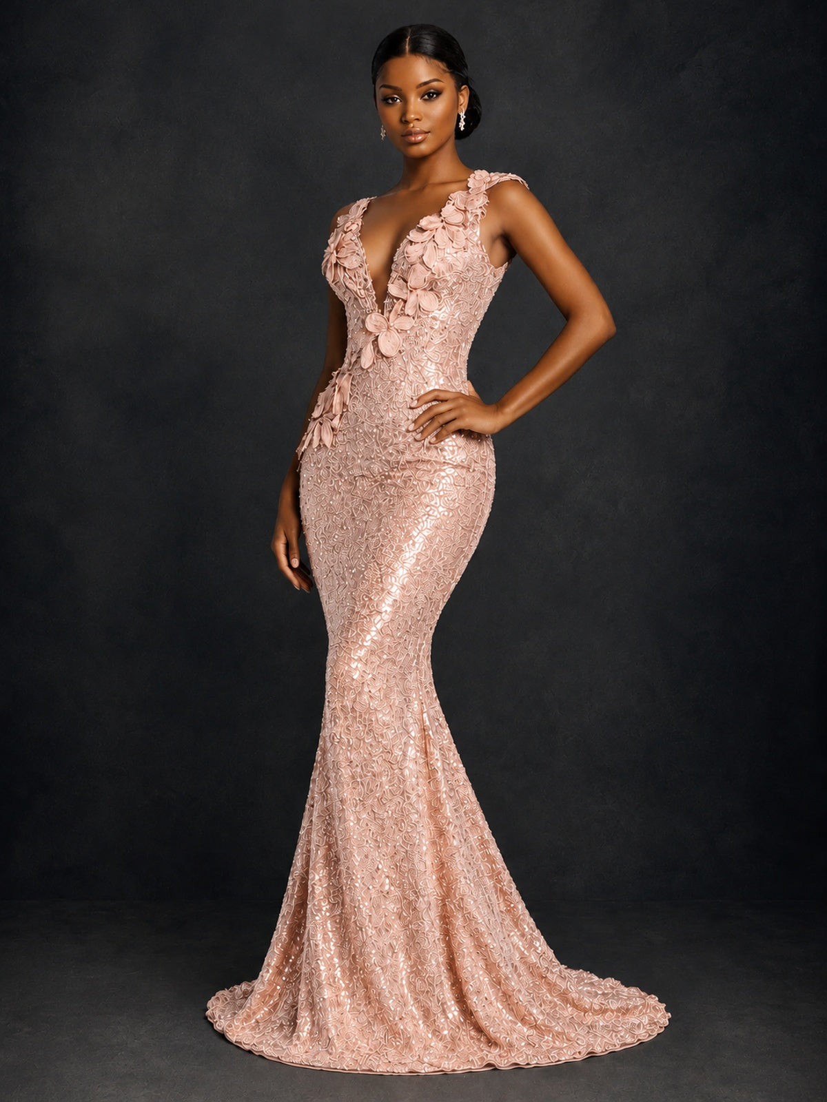 Gold Sequin Floral Applique Mermaid Prom Dress