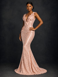 Gold Sequin Floral Applique Mermaid Prom Dress