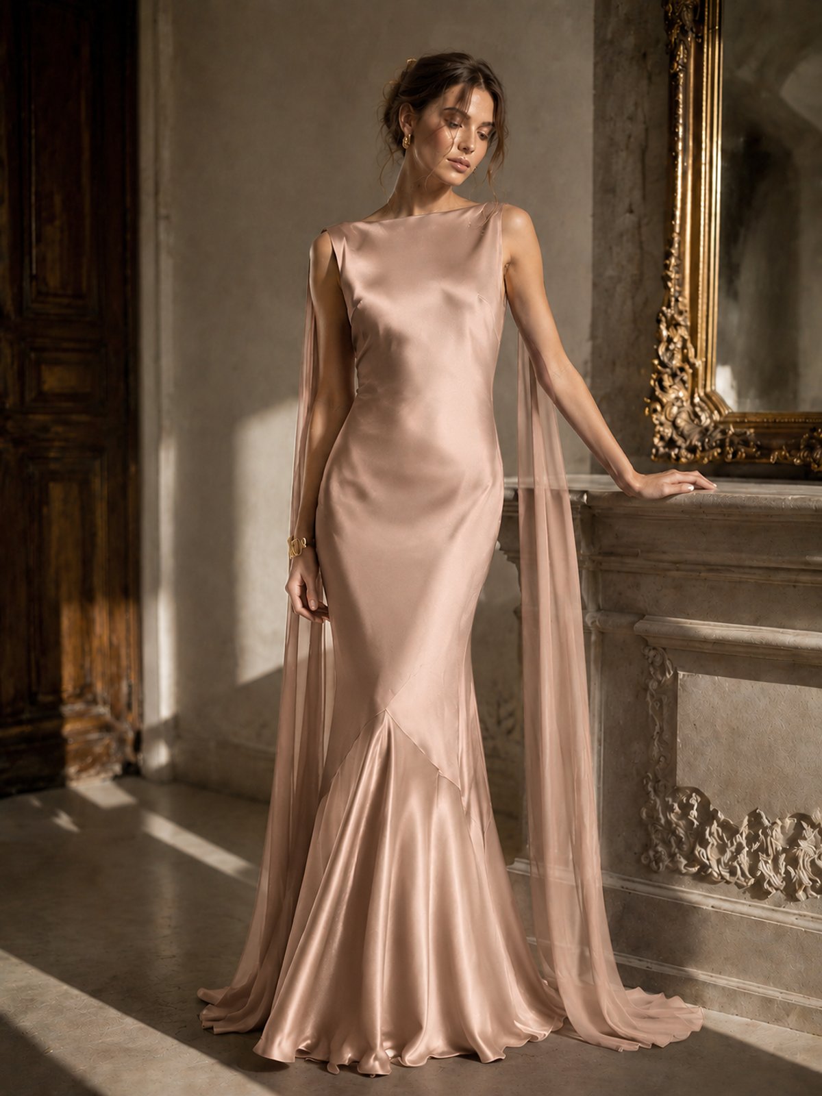 Burgundy Satin Mermaid Cape Maxi Dress