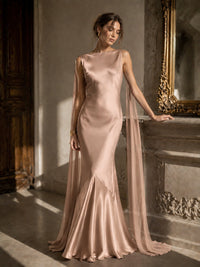 Burgundy Satin Mermaid Cape Maxi Dress