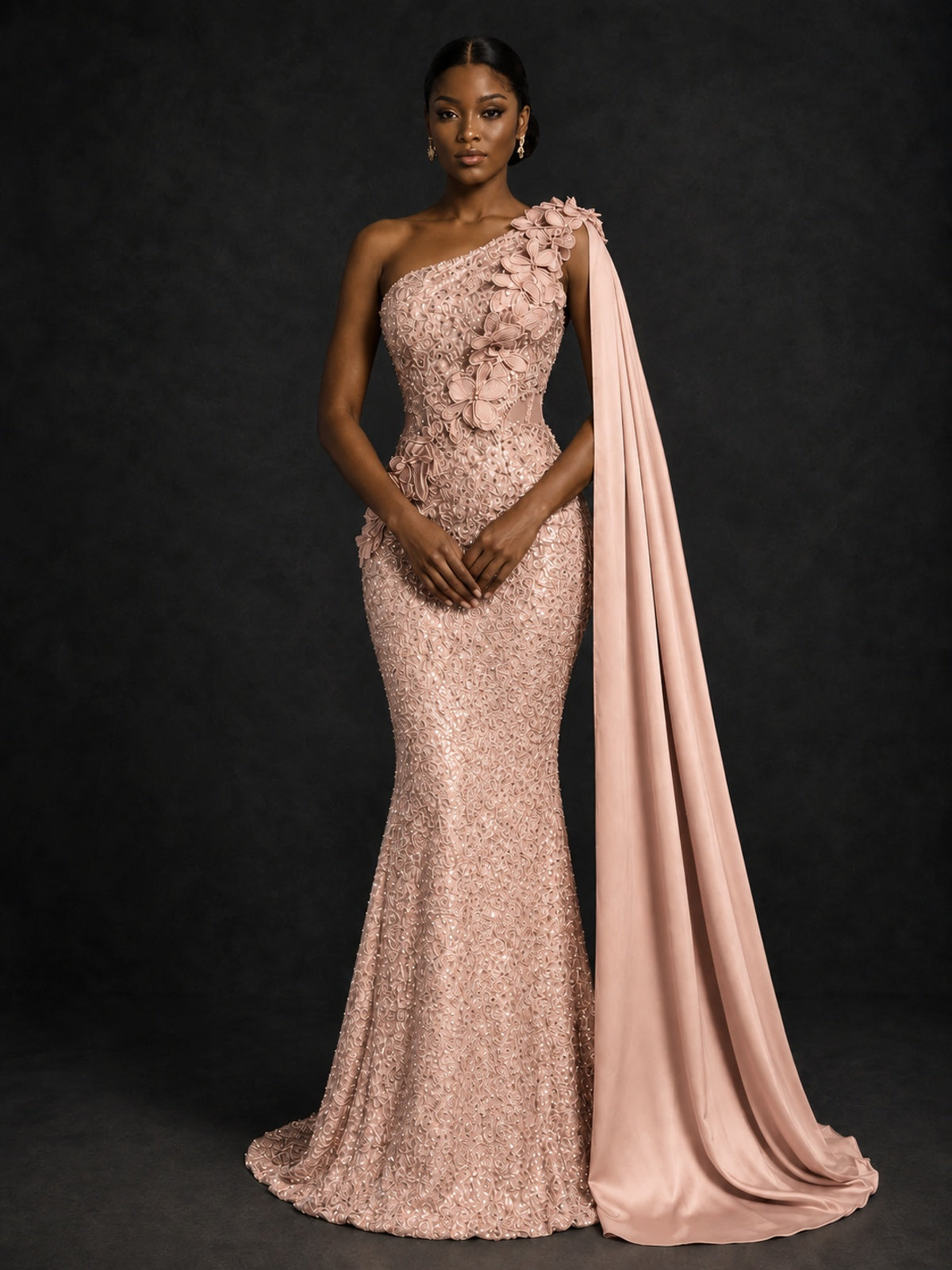 Gold Sequin One Shoulder Mermaid Prom Dress with Cape