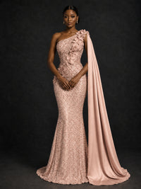 Gold Sequin One Shoulder Mermaid Prom Dress with Cape