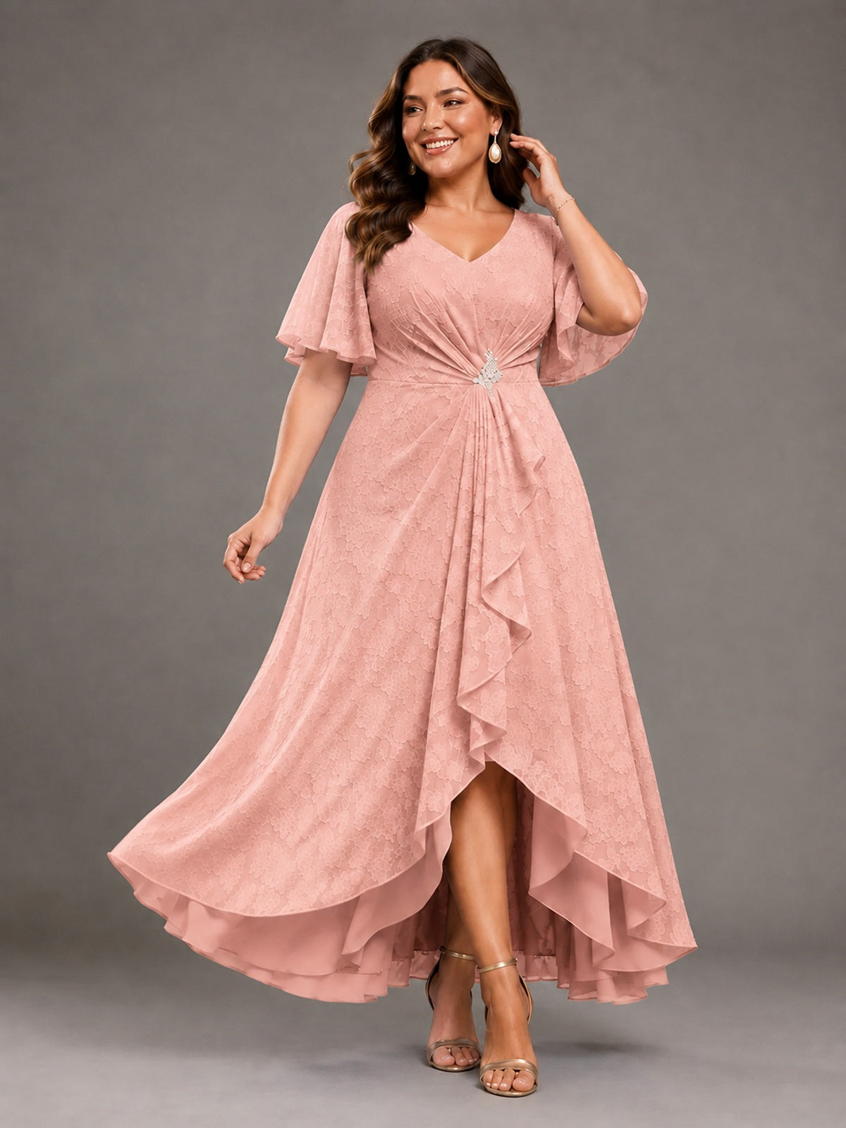 Jacquard Chiffon A-Line V-Neck High-Low Mother of the Bride Dress